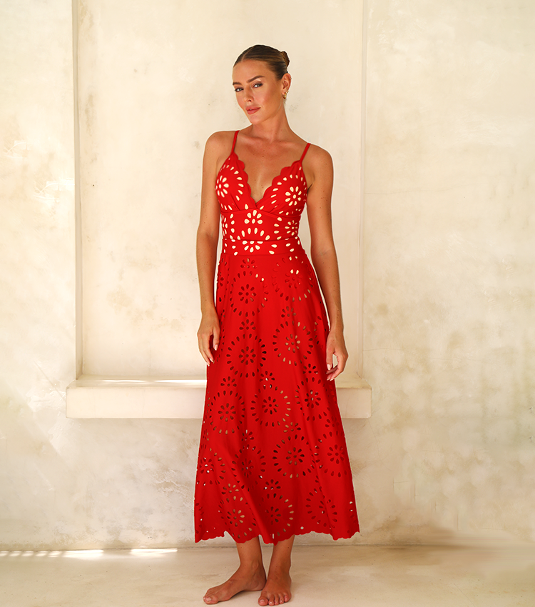 Conjunto de Traje de Baño de Una Pieza Floral con Corte y Falda Larga de V-Cuello para Vacaciones en la Playa, Fiesta en la Piscina, Verano Resort – Rojo