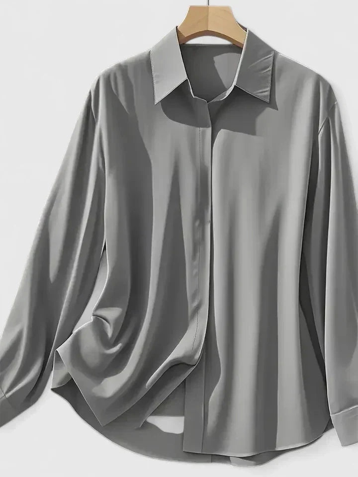 Blusa Elegante de Cuello Abotonado para Mujeres de Manga Larga, Ajuste Relajado, Casual y Chic – Melvaya