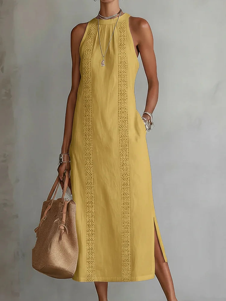 Vestido Midi de Lino Minimalista Retro para Mujer Sin Mangas Cuello Alto Detalle de Encaje Casual Verano Playa Vacaciones Diario – Celeste
