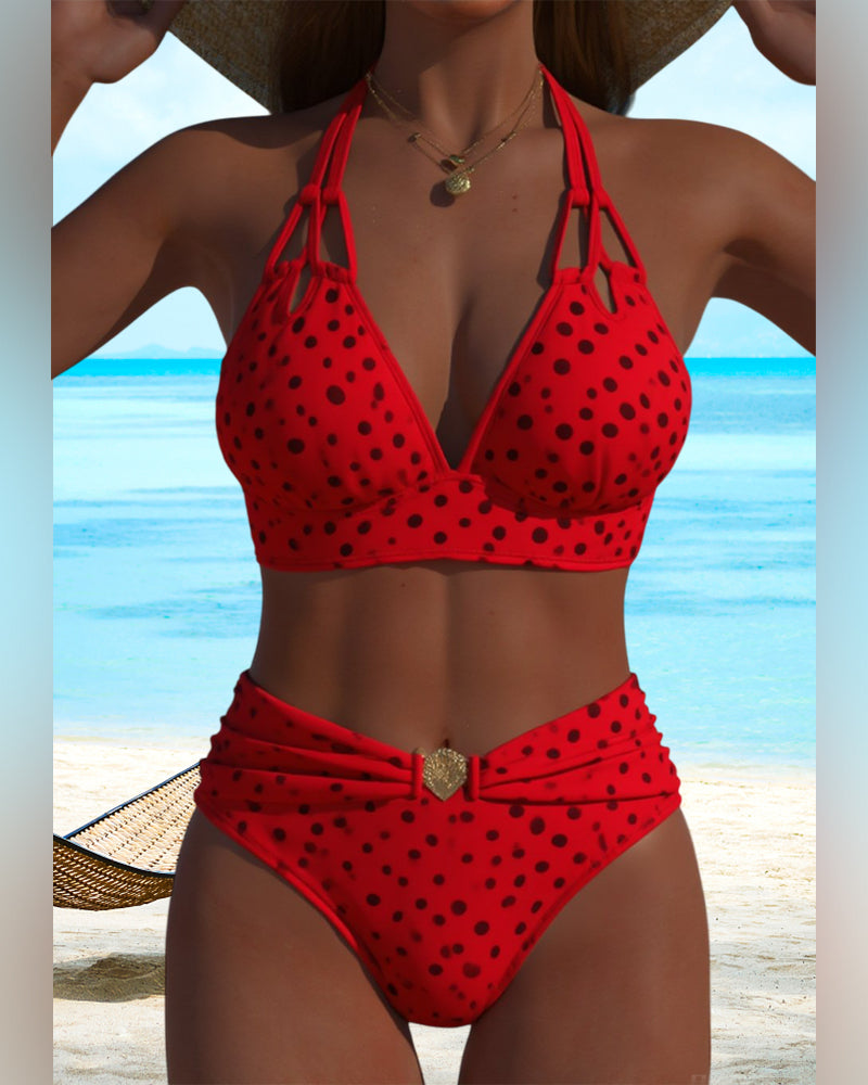 Conjunto de Bikini Halter de Lunares para Mujeres, Traje de Baño de Dos Piezas, Sin Mangas, Playa, Verano, Vacaciones