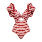 Conjunto de Traje de Baño de Una Pieza con Volantes y Falda Larga a Rayas Rojas - Frente Torcido para Vacaciones en la Playa, Fiesta en la Piscina, Verano en el Resort – Rojo y Blanco