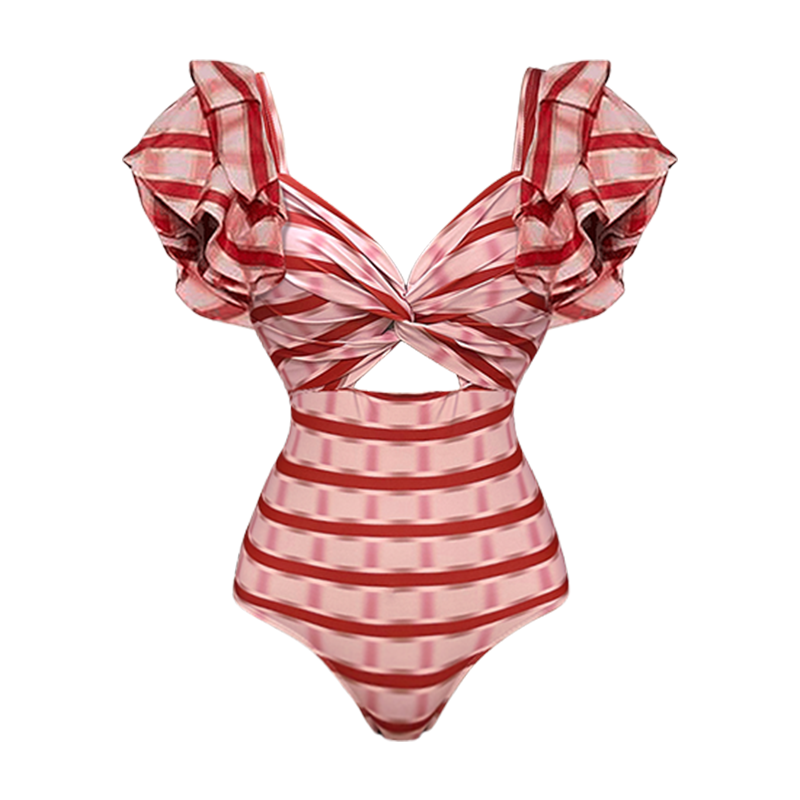 Conjunto de Traje de Baño de Una Pieza con Volantes y Falda Larga a Rayas Rojas - Frente Torcido para Vacaciones en la Playa, Fiesta en la Piscina, Verano en el Resort – Rojo y Blanco