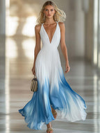 Vestido Largo Plisado Elegante para Mujer Chiffon con Escote en V para Invitadas de Boda Fiesta Formal de Verano – Degradado Azul Blanco