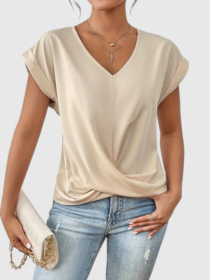 Top V-Neck Confortable para Mujeres con Twist Frontal de Manga Corta Casual Chic – Mahrianne