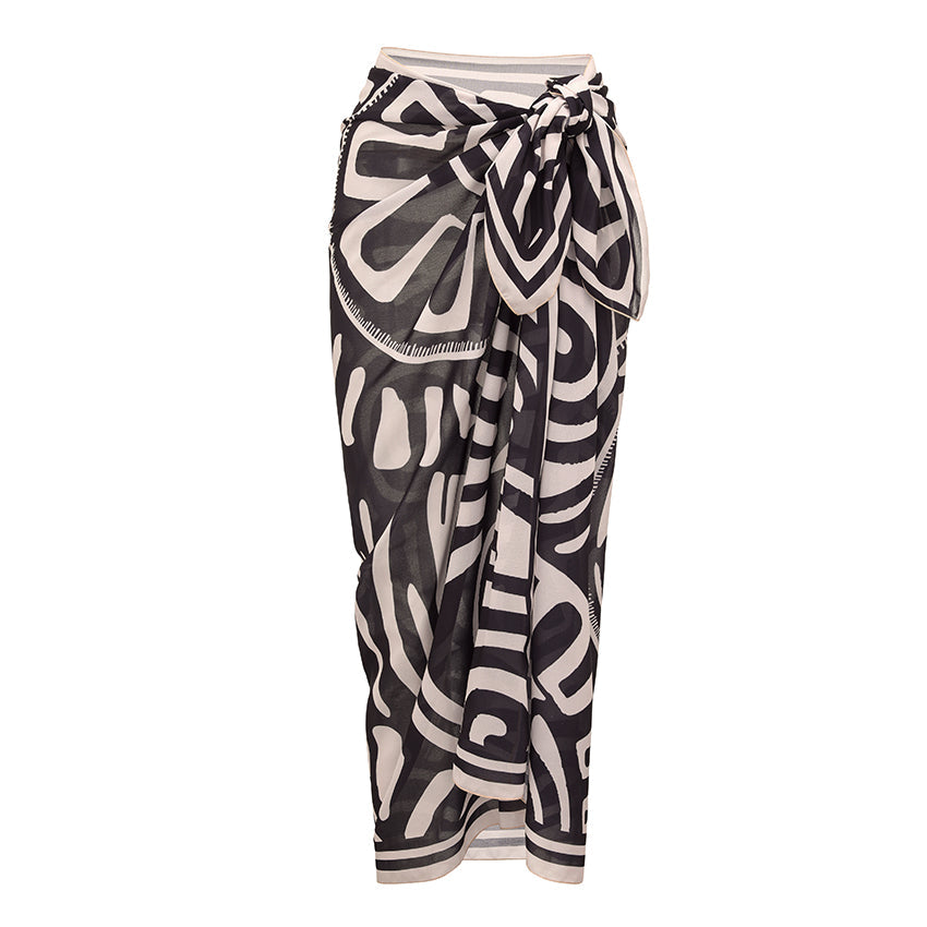 Conjunto de Traje de Baño de Una Pieza con Estampado Tribal para Mujeres y Falda Larga con Tirantes Ajustables para Vacaciones en la Playa, Fiesta en la Piscina, Verano en el Resort – Negro y Blanco