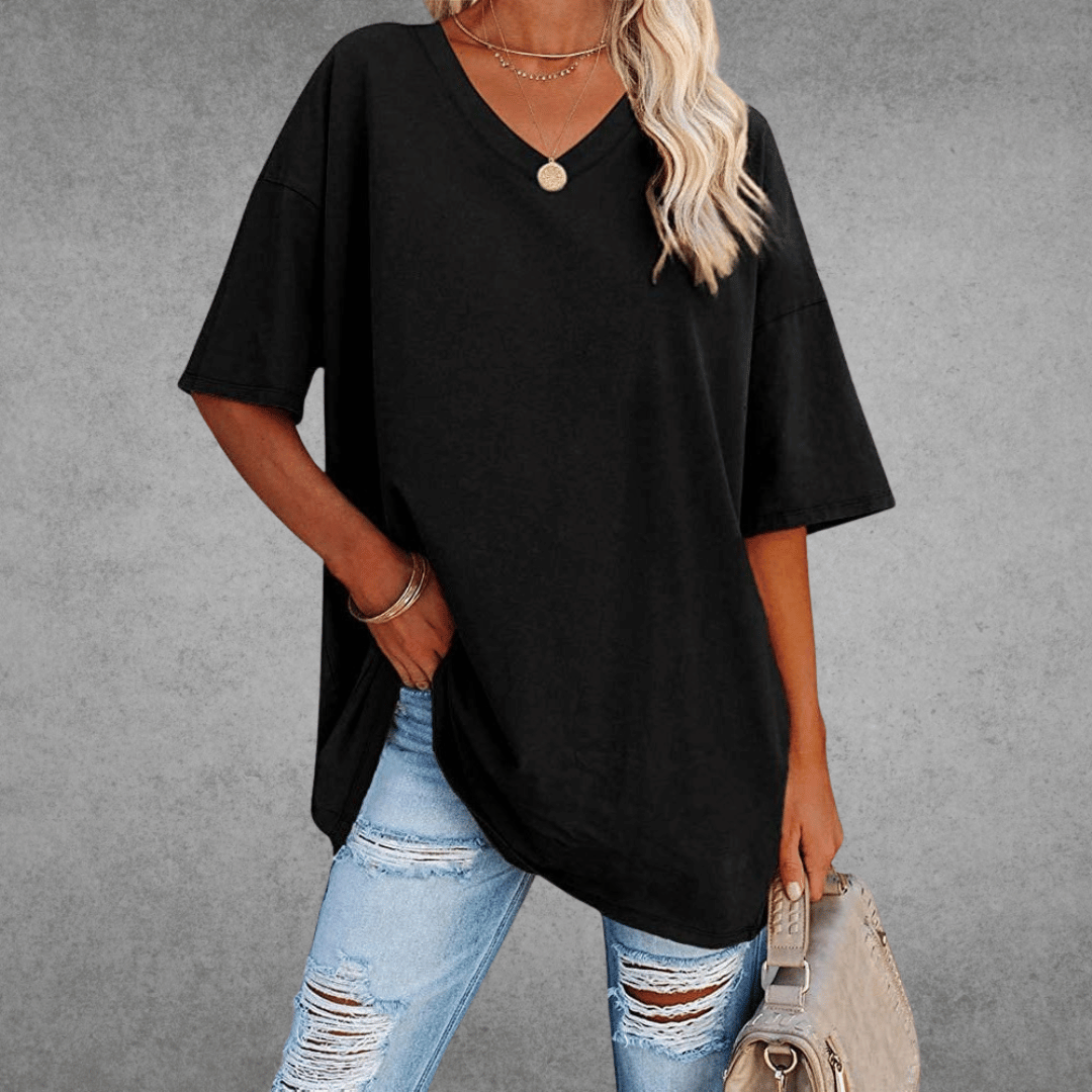 Camiseta de V-Cuello Oversized para Mujer, Casual, Fit Relajado, de Manga Corta, Cómoda, Básica – Kate