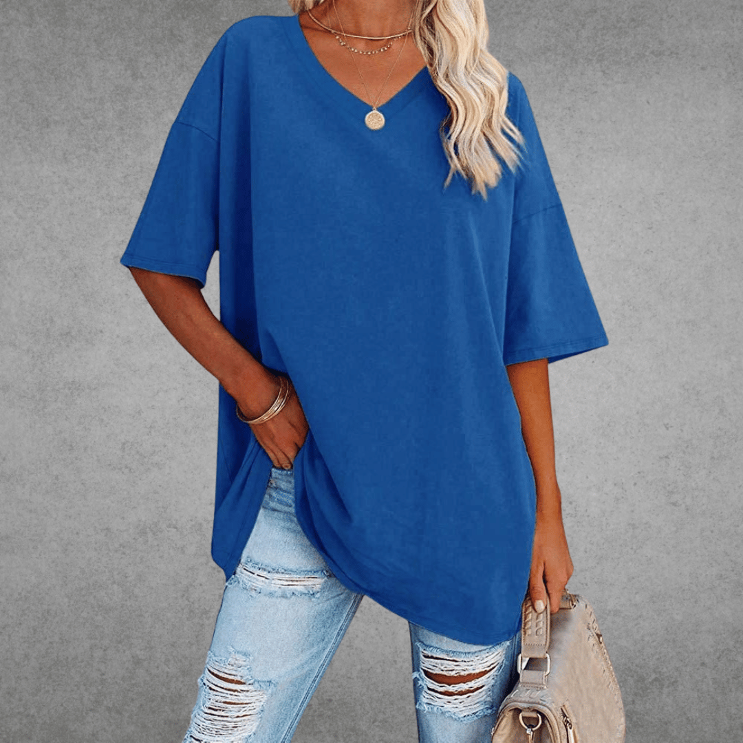 Camiseta de V-Cuello Oversized para Mujer, Casual, Fit Relajado, de Manga Corta, Cómoda, Básica – Kate