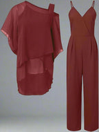 Conjunto de Dos Piezas de Chifón de Lujo para Mujeres, Top con Capa y Pantalones de Pierna Ancha, Elegante para la Noche y Oficina, Corte Suelto