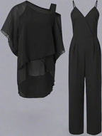 Conjunto de Dos Piezas de Chifón de Lujo para Mujeres, Top con Capa y Pantalones de Pierna Ancha, Elegante para la Noche y Oficina, Corte Suelto