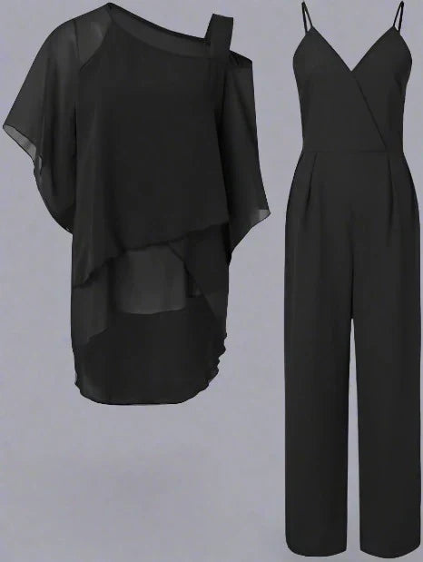 Conjunto de Dos Piezas de Chifón de Lujo para Mujeres, Top con Capa y Pantalones de Pierna Ancha, Elegante para la Noche y Oficina, Corte Suelto