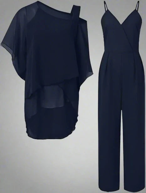 Conjunto de Dos Piezas de Chifón de Lujo para Mujeres, Top con Capa y Pantalones de Pierna Ancha, Elegante para la Noche y Oficina, Corte Suelto