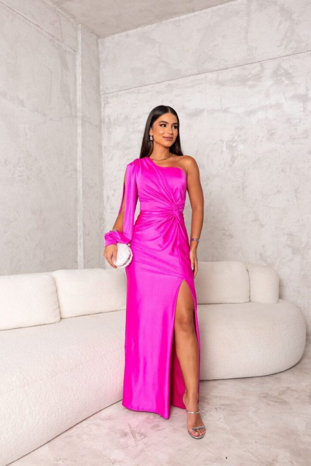 Vestido Largo de Una Sola Manga para Mujer con Manga Fluida y Abertura Lateral – Invitada de Boda Elegante – Helen
