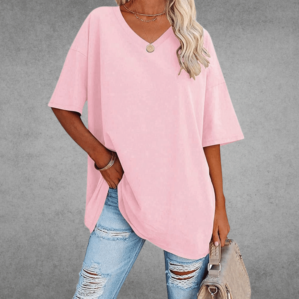 Camiseta de V-Cuello Oversized para Mujer, Casual, Fit Relajado, de Manga Corta, Cómoda, Básica – Kate