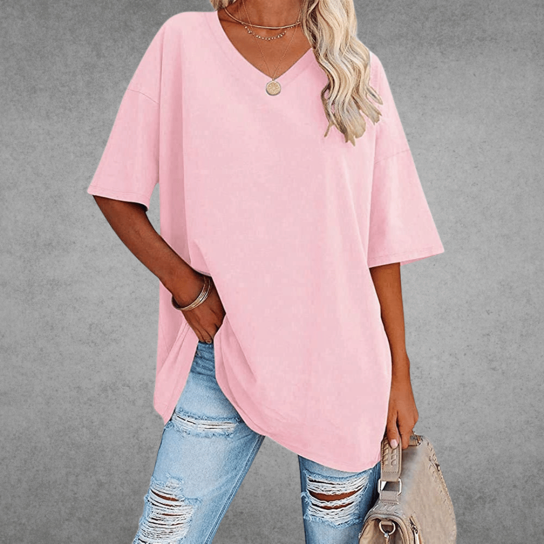 Camiseta de V-Cuello Oversized para Mujer, Casual, Fit Relajado, de Manga Corta, Cómoda, Básica – Kate