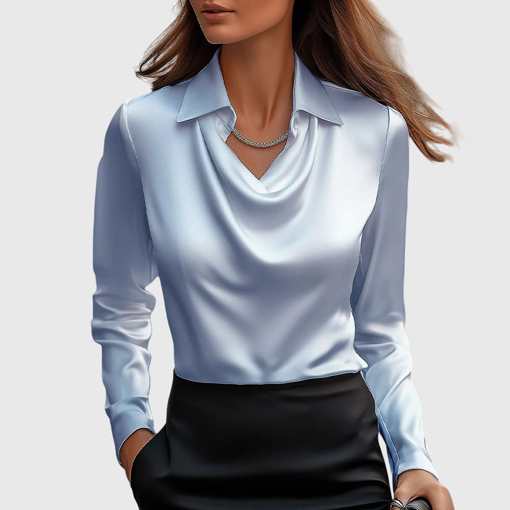 Blusa de Satén Elegante para Mujeres con Cuello de Cowl y Manga Larga, Brillo Lujoso, Ajuste Fluido, Casual Chic – Brooklyn
