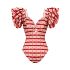 Conjunto de Traje de Baño de Una Pieza con Volantes y Falda Larga a Rayas Rojas - Frente Torcido para Vacaciones en la Playa, Fiesta en la Piscina, Verano en el Resort – Rojo y Blanco