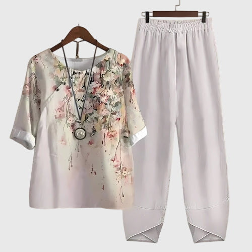 Conjunto Casual de Dos Piezas para Mujeres, Top de Manga Corta Impreso y Pantalones de Pierna Ancha, Cómodo para el Día a Día – Alessia