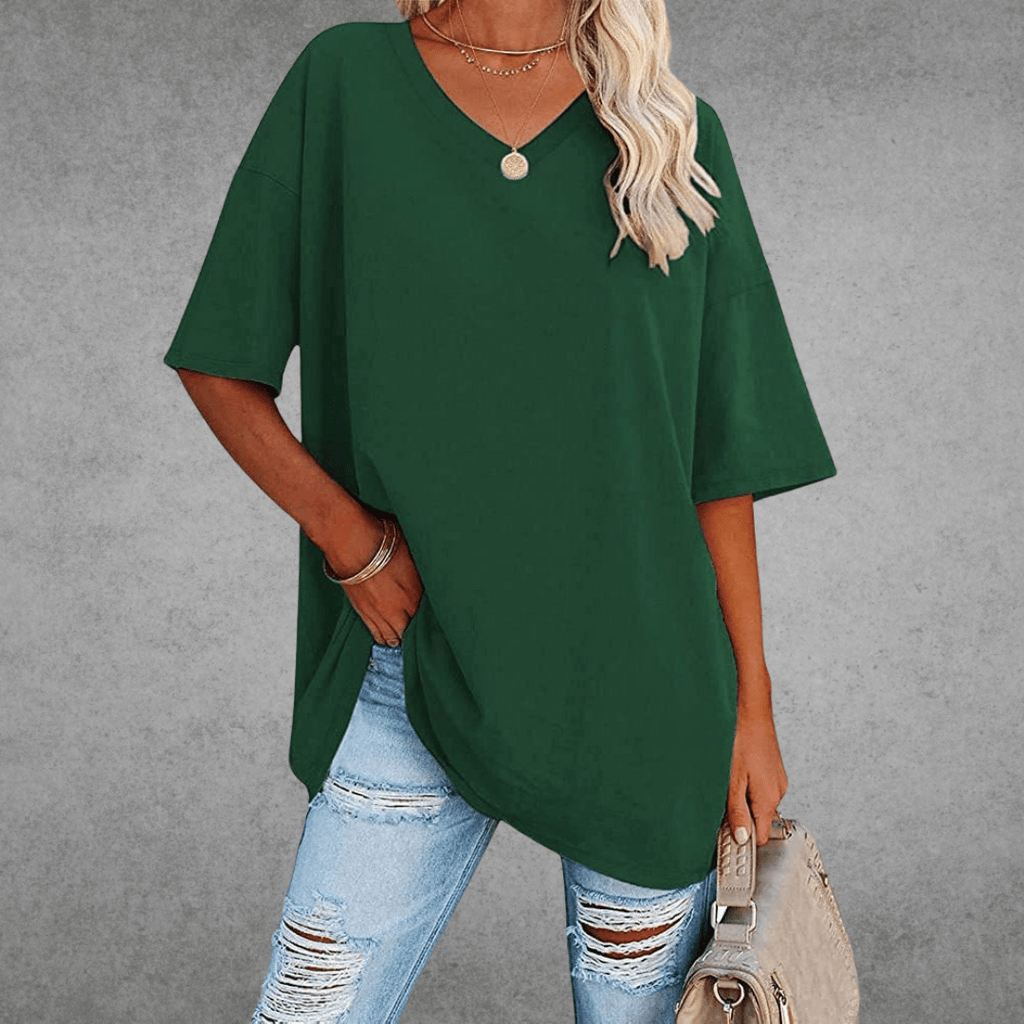 Camiseta de V-Cuello Oversized para Mujer, Casual, Fit Relajado, de Manga Corta, Cómoda, Básica – Kate