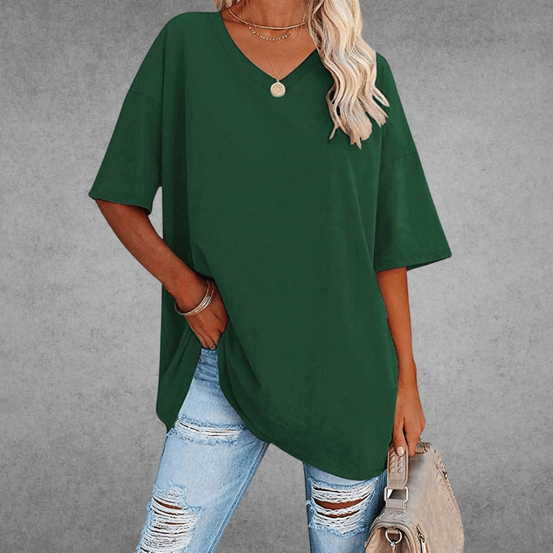 Camiseta de V-Cuello Oversized para Mujer, Casual, Fit Relajado, de Manga Corta, Cómoda, Básica – Kate