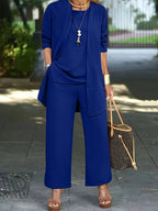 Conjunto de Pantalones de Tres Piezas para Mujer: Top sin Mangas, Pantalones de Pierna Ancha, Casual de Negocios, Elegante, Versátil, Chic