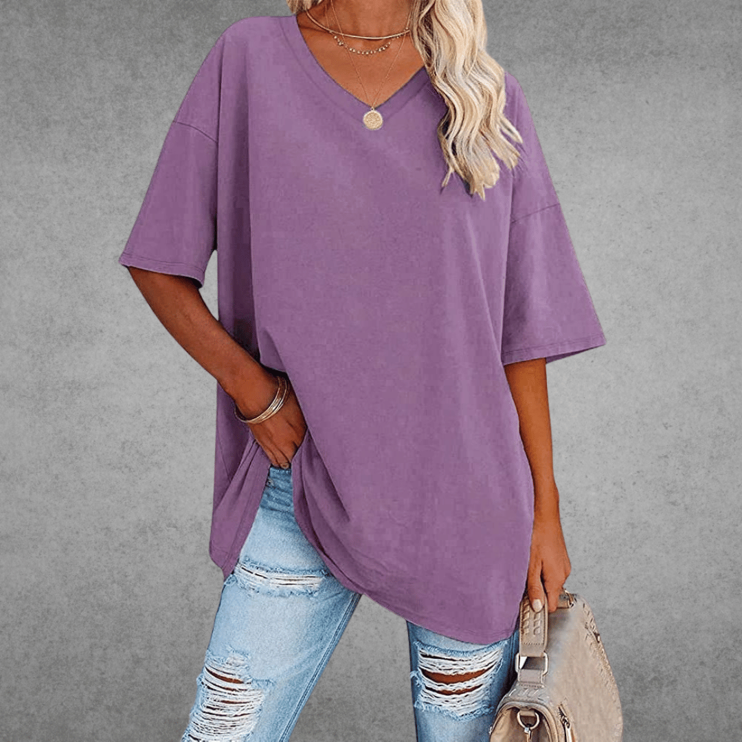 Camiseta de V-Cuello Oversized para Mujer, Casual, Fit Relajado, de Manga Corta, Cómoda, Básica – Kate