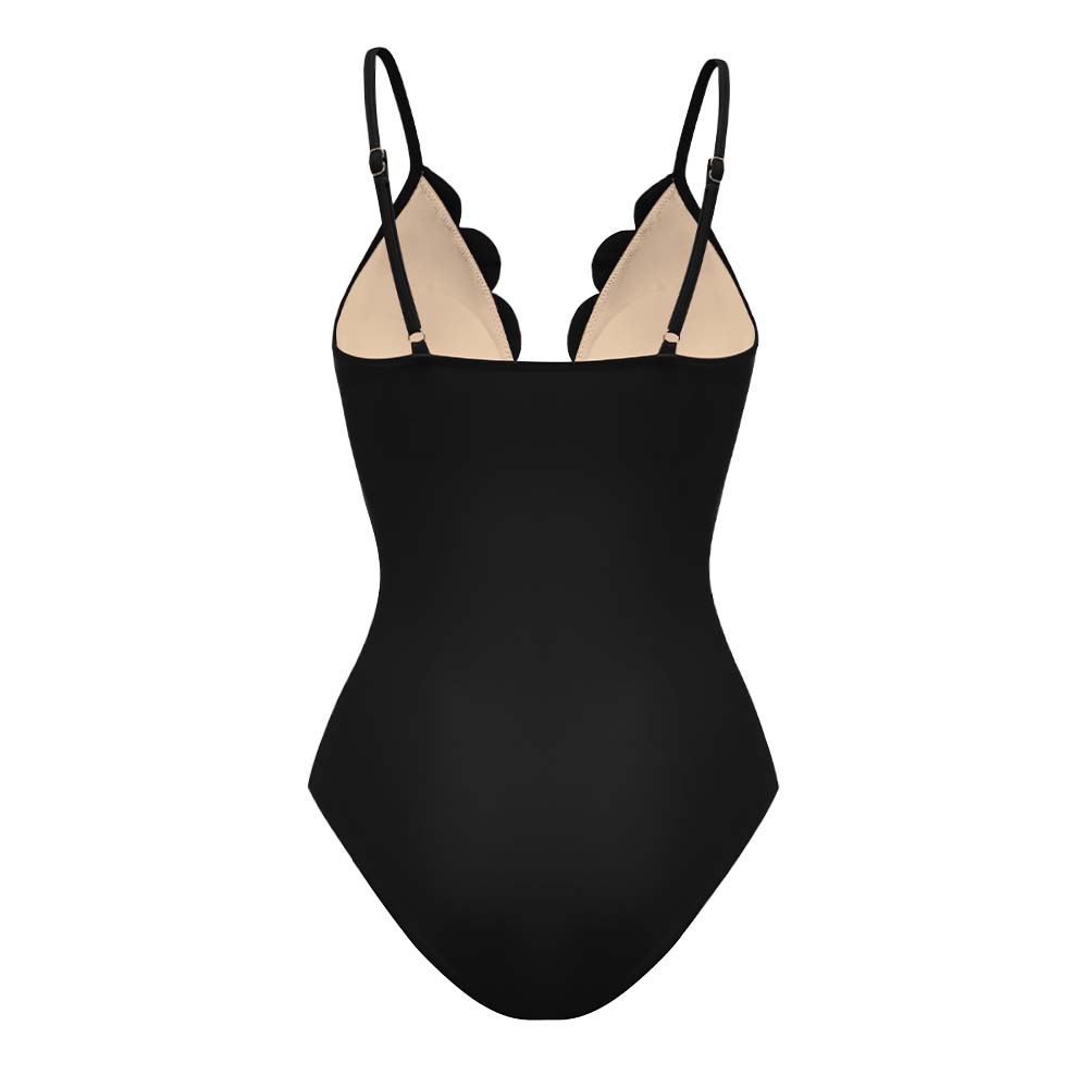 Conjunto de Traje de Baño de Una Pieza con Corte Láser Floral y Falda Larga de Cuello en V para Vacaciones en la Playa, Fiesta en la Piscina, Resort y Crucero – Negro