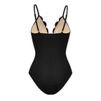 Conjunto de Traje de Baño de Una Pieza con Corte Láser Floral y Falda Larga de Cuello en V para Vacaciones en la Playa, Fiesta en la Piscina, Resort y Crucero – Negro