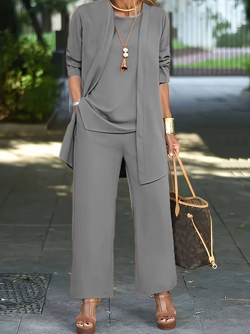 Conjunto de Pantalones de Tres Piezas para Mujer: Top sin Mangas, Pantalones de Pierna Ancha, Casual de Negocios, Elegante, Versátil, Chic