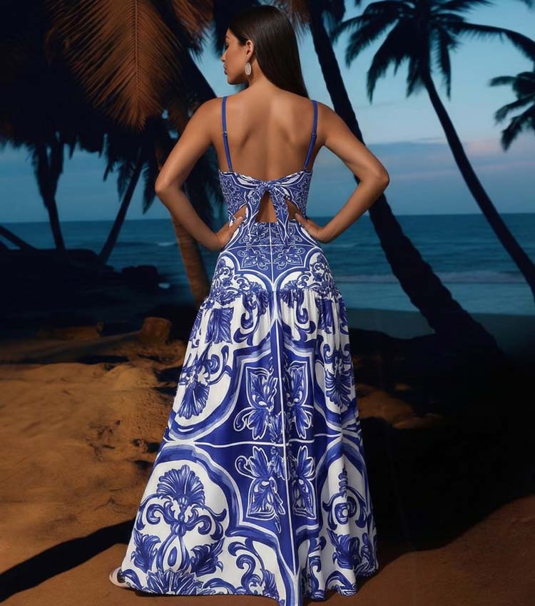 Conjunto de Bañador de Una Pieza con Falda o Pantalones Cortos de Estampado Majólica para Mujeres - Vacaciones en la Playa, Resort, Fiesta en la Piscina, Crucero de Verano – Azul y Blanco