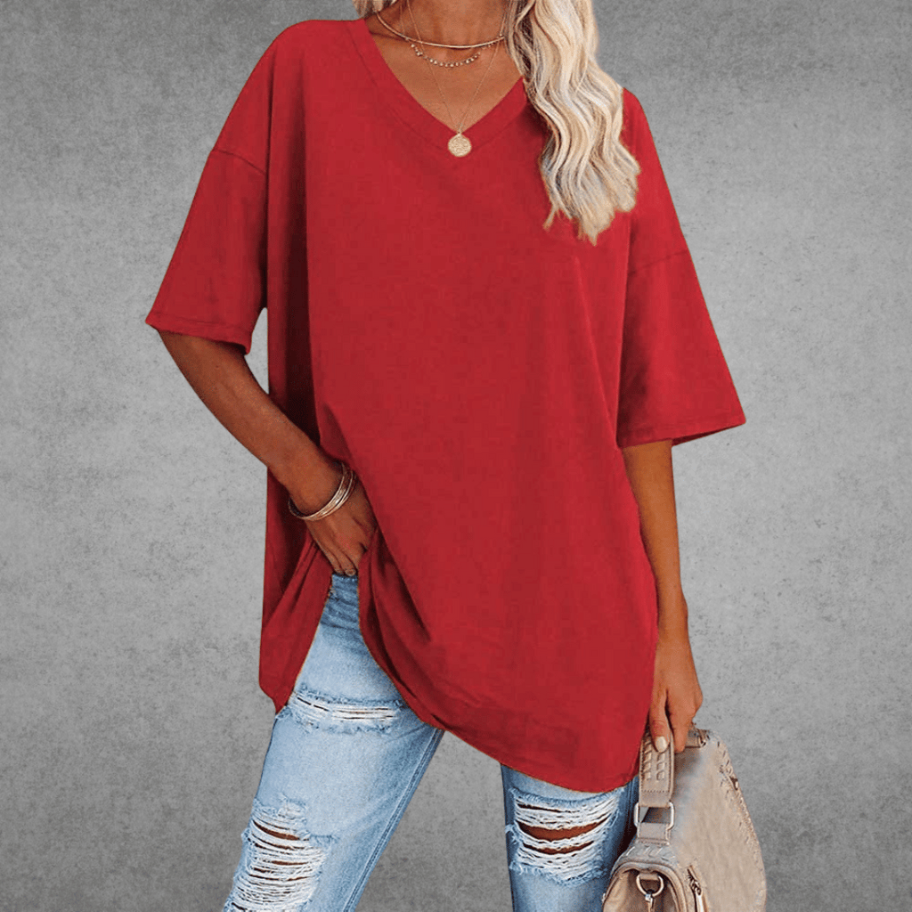 Camiseta de V-Cuello Oversized para Mujer, Casual, Fit Relajado, de Manga Corta, Cómoda, Básica – Kate