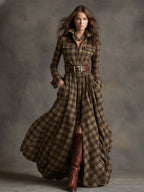 Vestido Largo de Vaquera Étnica Retro para Mujer con Cuello, Cinturón y Mangas Largas – Marrón Rojizo
