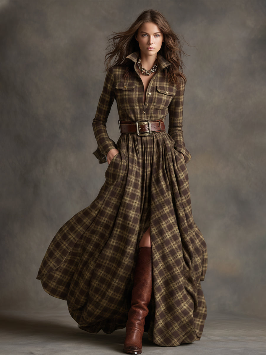 Vestido Largo de Vaquera Étnica Retro para Mujer con Cuello, Cinturón y Mangas Largas – Marrón Rojizo