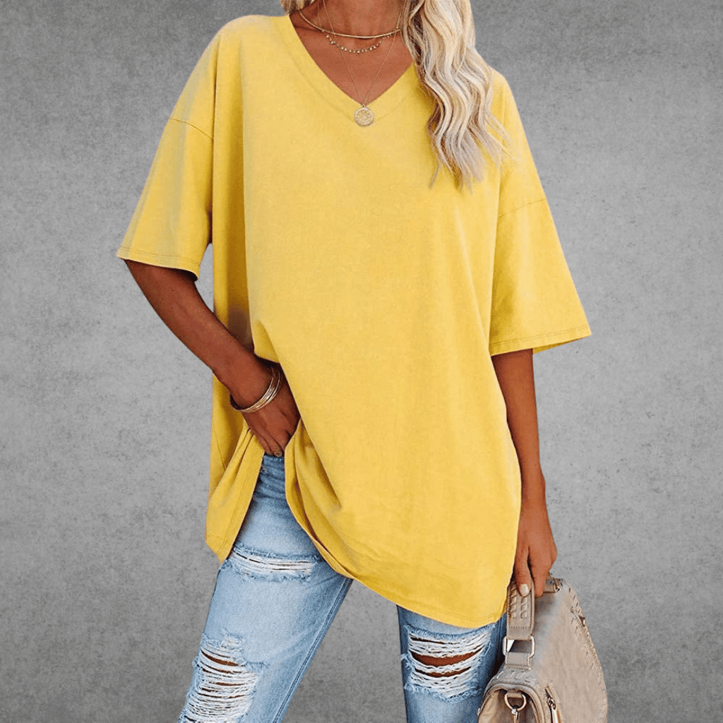 Camiseta de V-Cuello Oversized para Mujer, Casual, Fit Relajado, de Manga Corta, Cómoda, Básica – Kate