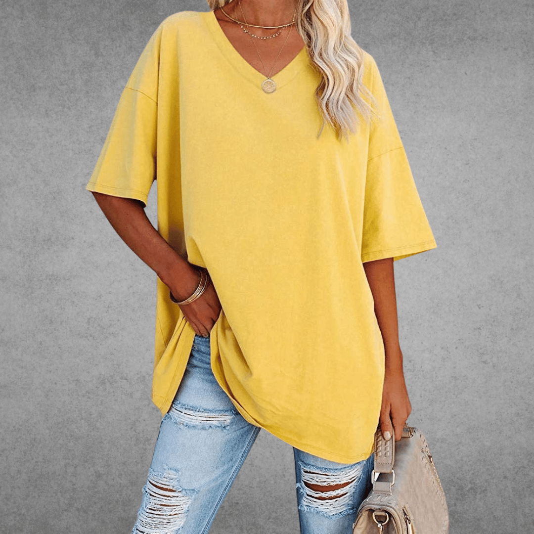 Camiseta de V-Cuello Oversized para Mujer, Casual, Fit Relajado, de Manga Corta, Cómoda, Básica – Kate