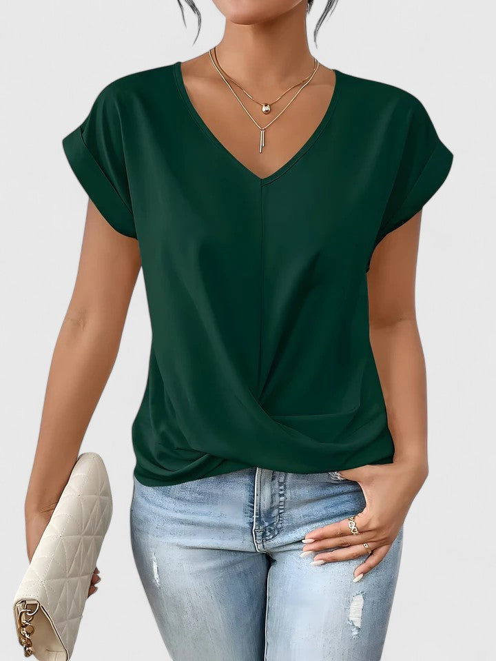 Top V-Neck Confortable para Mujeres con Twist Frontal de Manga Corta Casual Chic – Mahrianne