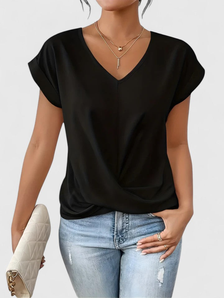 Top V-Neck Confortable para Mujeres con Twist Frontal de Manga Corta Casual Chic – Mahrianne