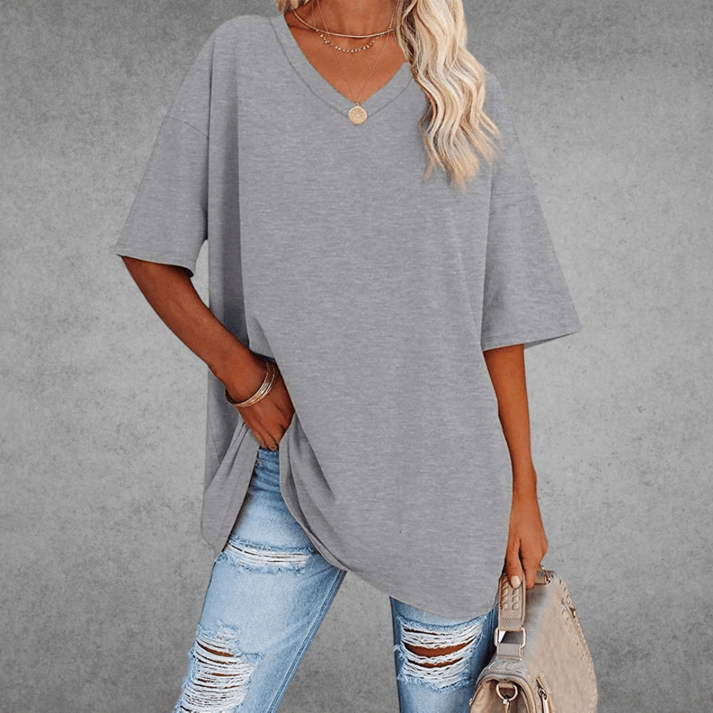 Camiseta de V-Cuello Oversized para Mujer, Casual, Fit Relajado, de Manga Corta, Cómoda, Básica – Kate