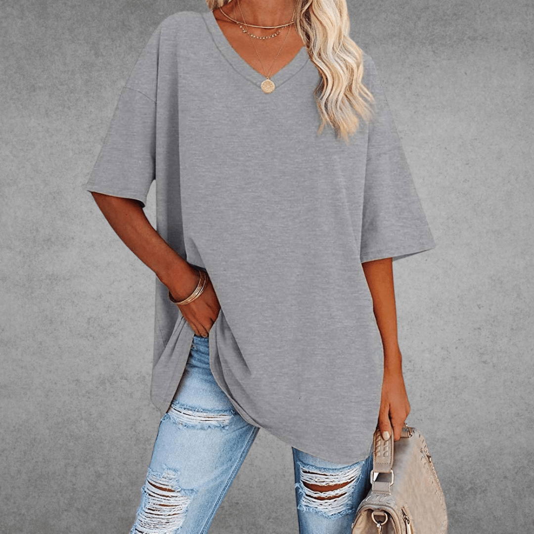 Camiseta de V-Cuello Oversized para Mujer, Casual, Fit Relajado, de Manga Corta, Cómoda, Básica – Kate
