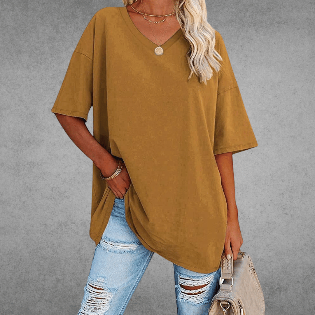 Camiseta de V-Cuello Oversized para Mujer, Casual, Fit Relajado, de Manga Corta, Cómoda, Básica – Kate