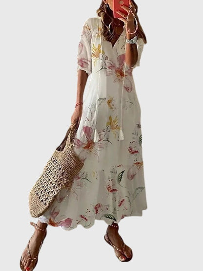 Vestido Midi de Verano Boho Vintage para Mujeres con Estampado Floral y Manga Corta Casual Femenino Chic – Amalia