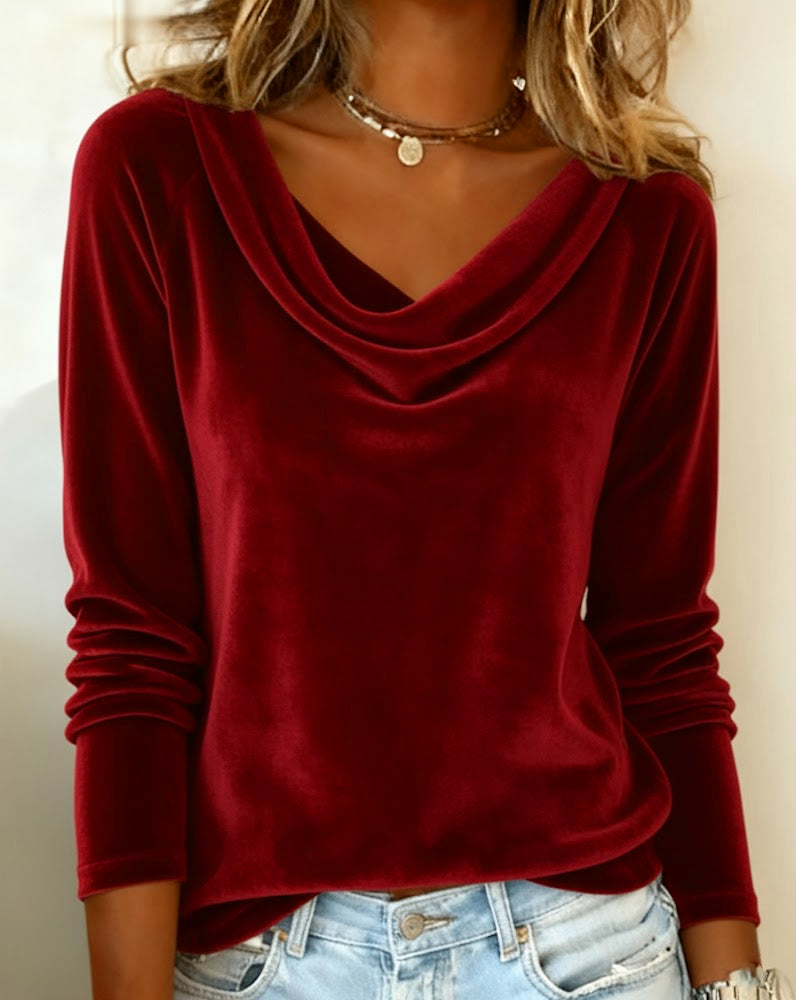 Top de Mujer de Terciopelo con Cuello Cowl de Manga Larga Casual Elegante para el Trabajo, Fiesta, Vacaciones y Ocasiones Festivas – Veloria