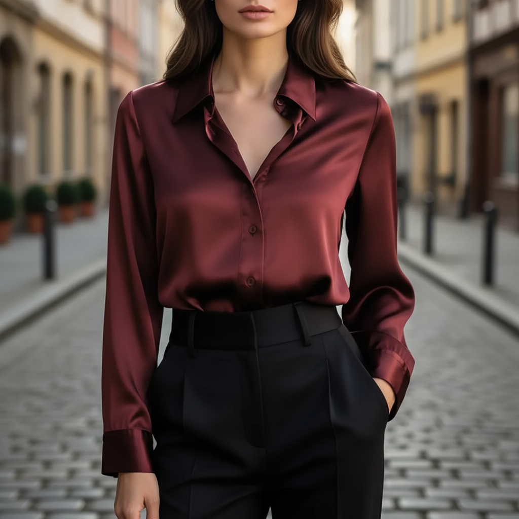 Camisa de Satén Elegante de Manga Larga para Mujeres, Formal y Casual, Blusa de Oficina – Chocolate