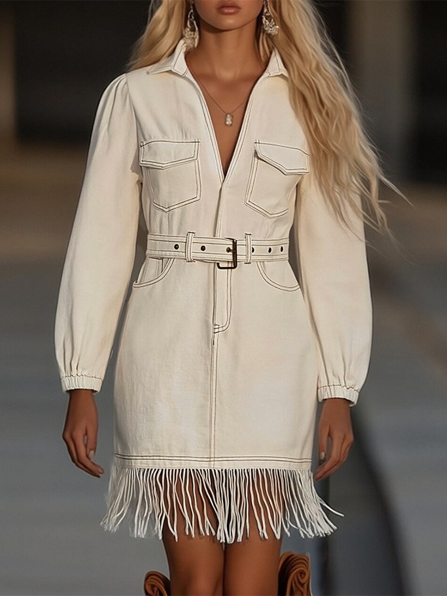Vestido Corto de Jean Retro de Alta Gama para Mujeres con Flecos, Con Cinturón y Corte Relajado para Fiesta Casual de Vaquera