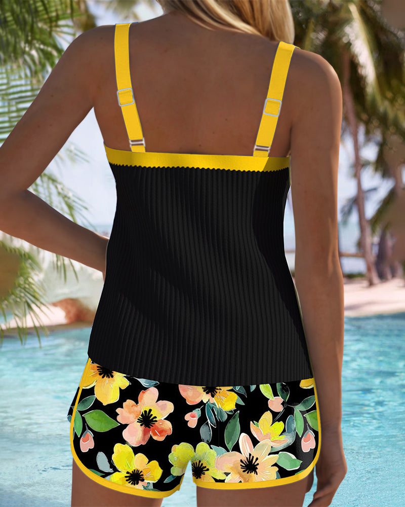 Conjunto de Tankini de Dos Piezas para Mujeres con Estampado Floral, Pantalones Cortos, Espalda Descubierta, Ropa de Baño para Vacaciones en la Playa, Piscina, Verano y Resort – Soleil