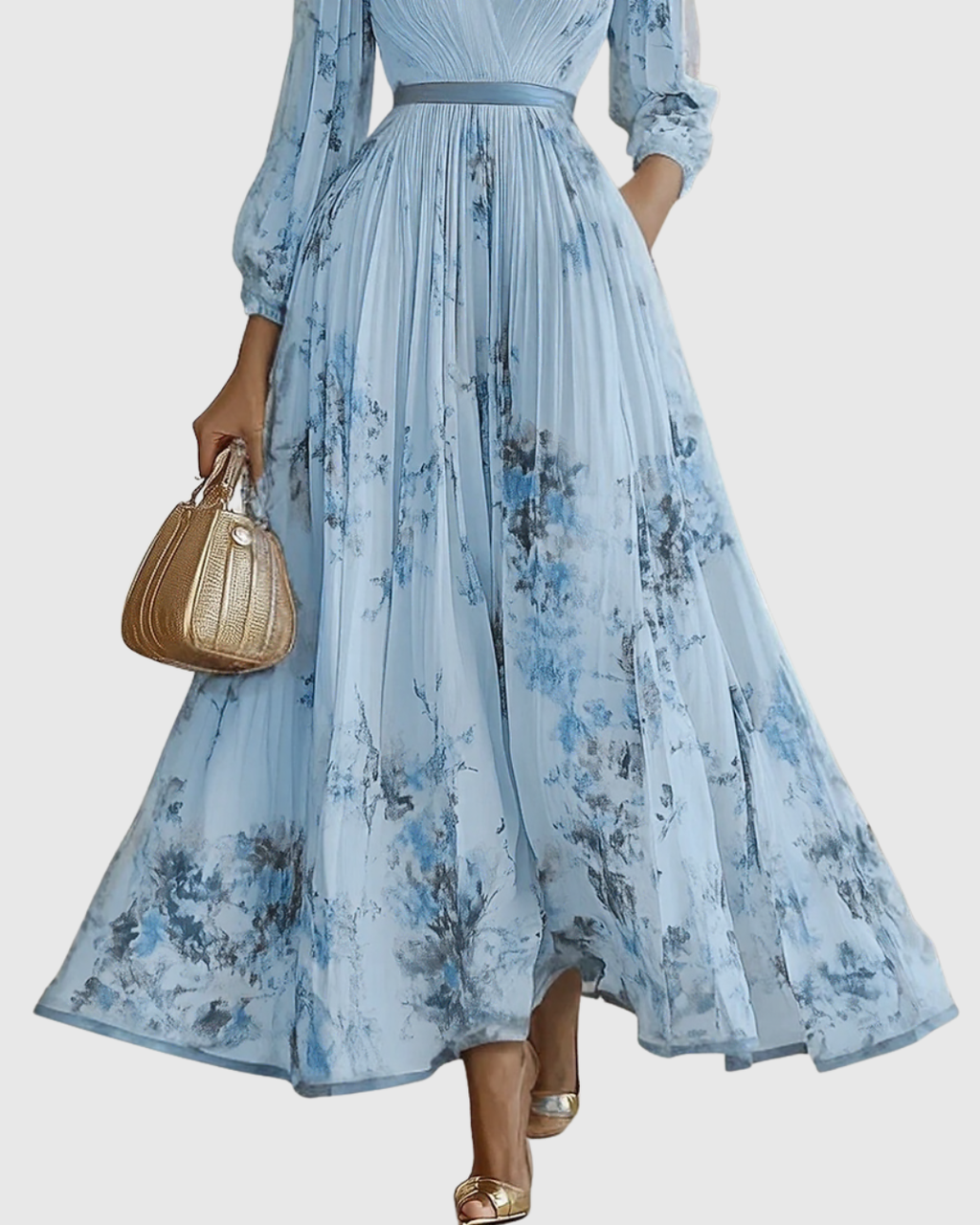 Vestido Largo Floral Plisado Elegante para Mujer con Escote en V y Manga Larga, Cintura con Cinta, Formal e Informal – Rowella