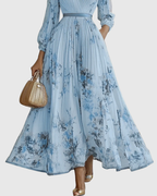 Vestido Largo Floral Plisado Elegante para Mujer con Escote en V y Manga Larga, Cintura con Cinta, Formal e Informal – Rowella
