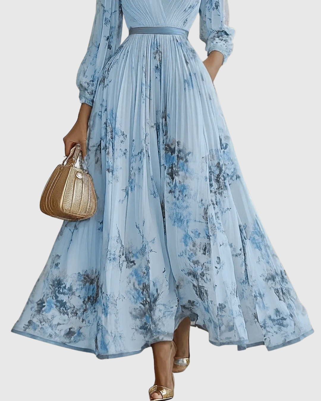 Vestido Largo Floral Plisado Elegante para Mujer con Escote en V y Manga Larga, Cintura con Cinta, Formal e Informal – Rowella
