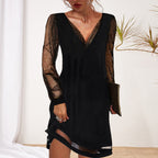 Vestido Midi V-Cuello con Mangas de Encaje Elegante para Mujer, Vestido de Fiesta Formal de Poliéster Elástico – Matilda Negro