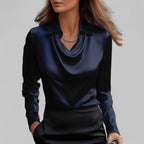 Blusa de Satén con Cuello Drapado y Manga Larga para Mujer Oficina Noche Elegante Seda Formal – Rosa