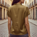 Blusa de Satén con Cuello de Cowl y Manga Corta para Mujer Elegante Casual de Trabajo Oficina Formal Noche Top Sedoso – Dorado Marino Negro